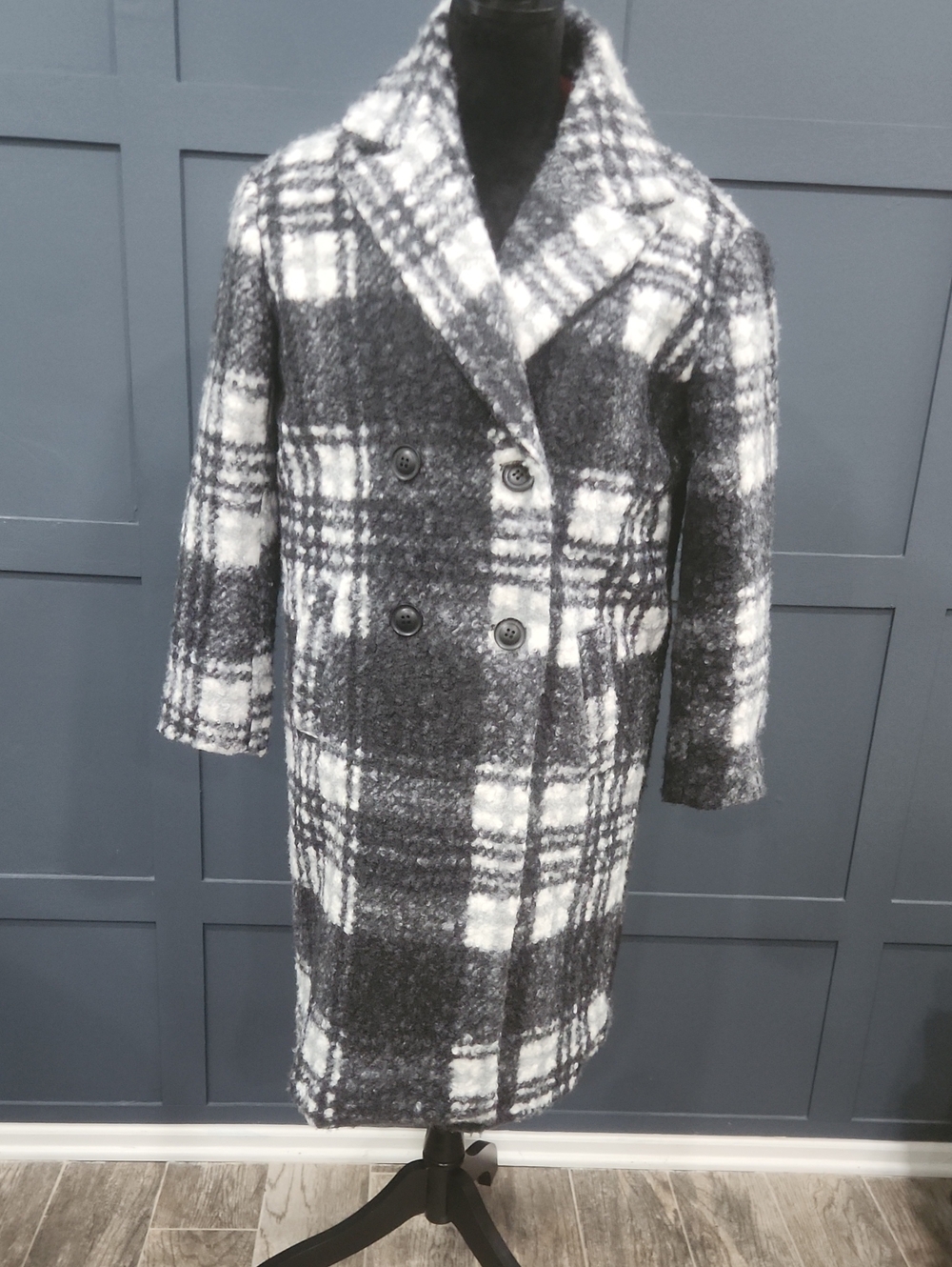Classic Black & White Plaid Double-Breasted Pea Coat